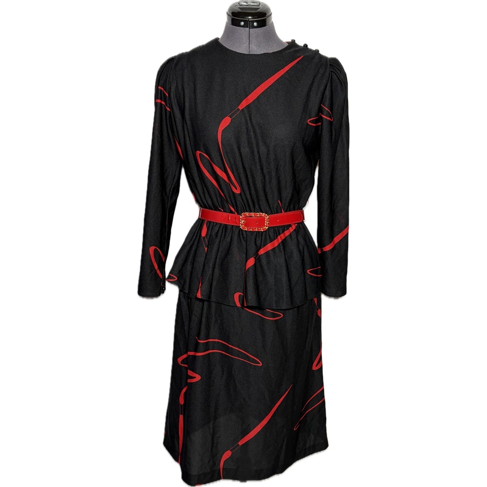 Vintage 80s Lady Page Peplum Dress Red Abstract Black Midi 36-28-40 S/M.